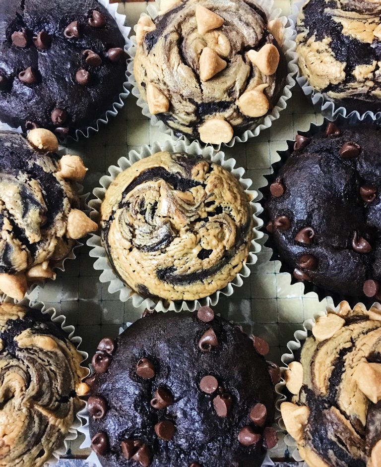 Chocolate Banana Muffins with Peanut Butter Swirl